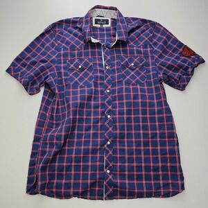 Buffalo David Bitton Mens XL Blue Red Plaid Short Sleeve Western Snap Shirt